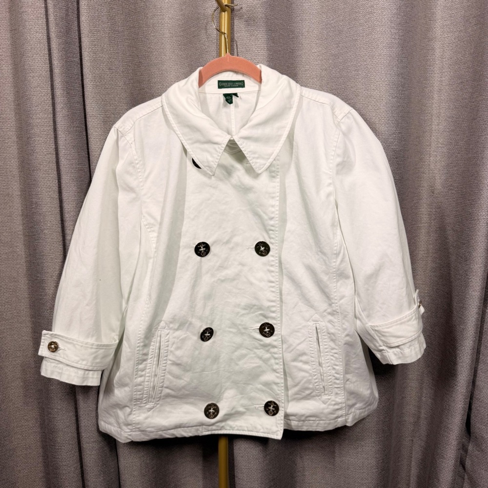 Lauren Ralph Lauren White Cotton Twill Pea Coat Nautical Anchor Boat Jacket 2X